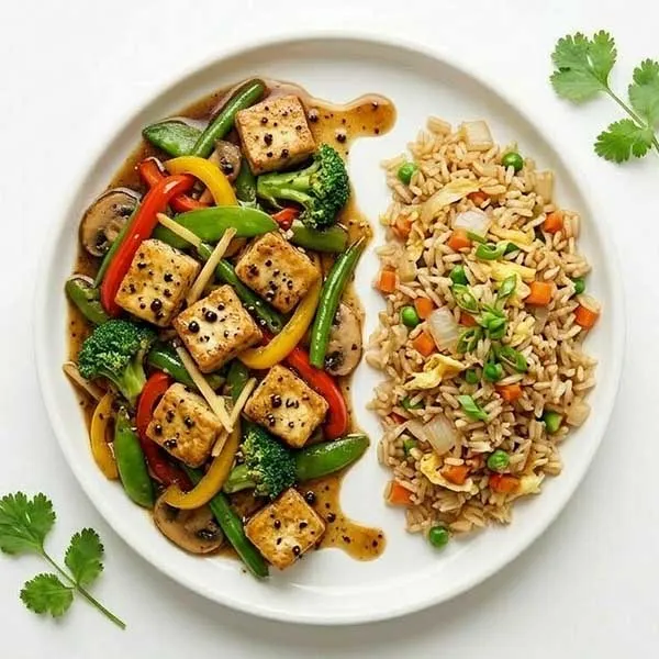 Black pepper tofu and vegetable stir fried with ginger soy fried rice